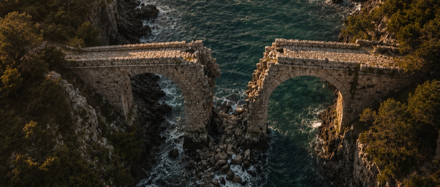 Ponte de pedra antiga com um vão desabado no meio, mar visível através da ruptura